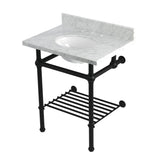 Templeton 30-Inch Carrara Marble Console Sink with Brass Legs and Shelf (8-Inch, 3-Hole)