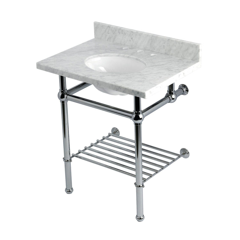 Templeton 30-Inch Carrara Marble Console Sink with Brass Legs and Shelf (8-Inch, 3-Hole)