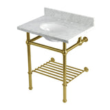 Templeton 30-Inch Carrara Marble Console Sink with Brass Legs and Shelf (8-Inch, 3-Hole)