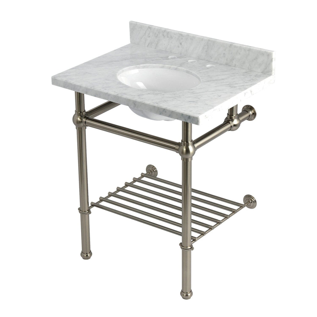 Templeton 30-Inch Carrara Marble Console Sink with Brass Legs and Shelf (8-Inch, 3-Hole)