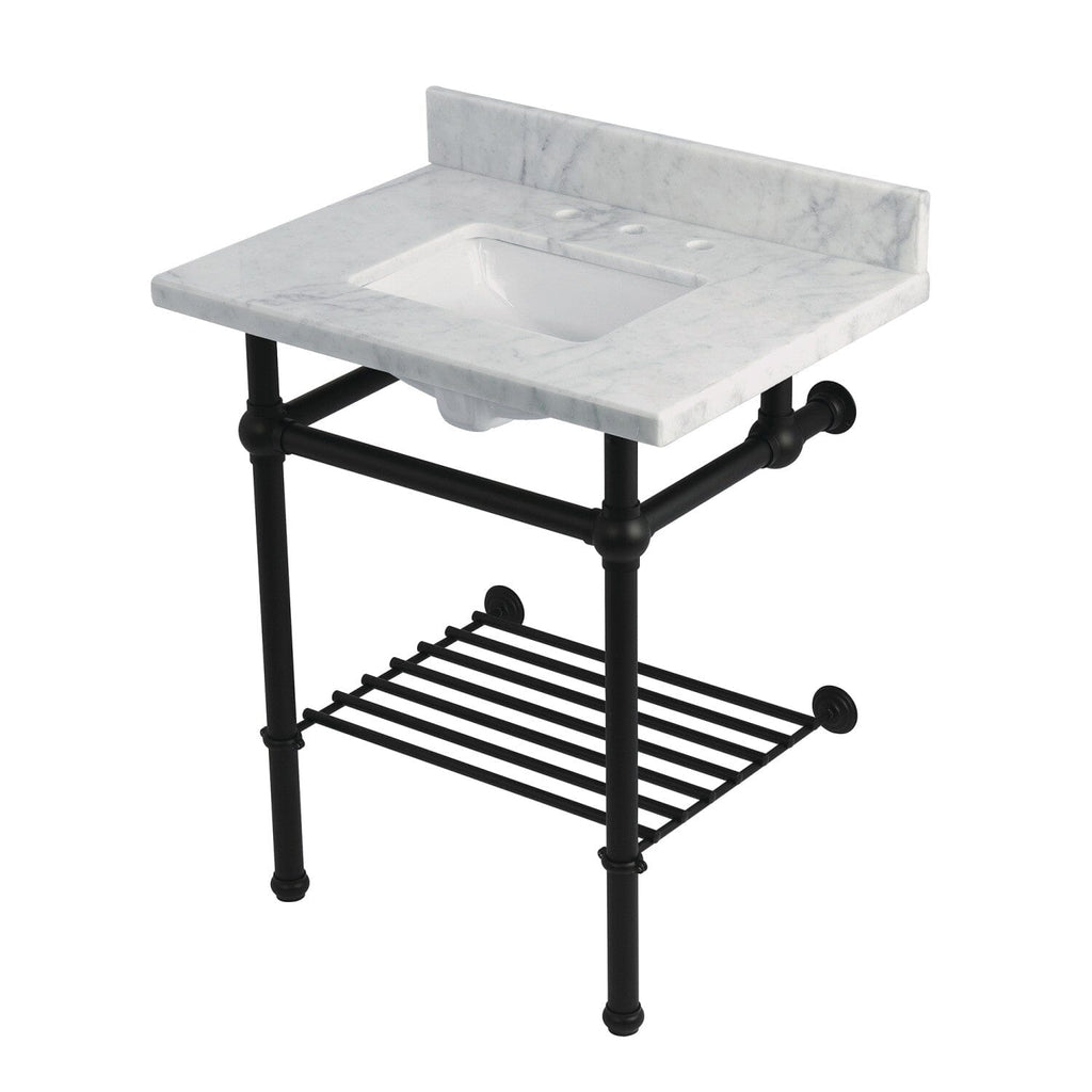 Templeton 30-Inch Carrara Marble Console Sink with Brass Legs and Shelf (8-Inch, 3-Hole)