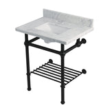 Templeton 30-Inch Carrara Marble Console Sink with Brass Legs and Shelf (8-Inch, 3-Hole)