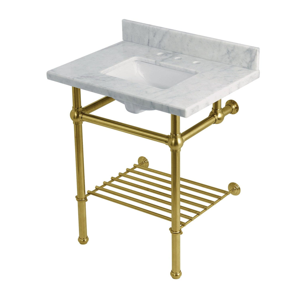 Templeton 30-Inch Carrara Marble Console Sink with Brass Legs and Shelf (8-Inch, 3-Hole)