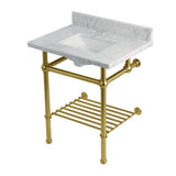 Templeton 30-Inch Carrara Marble Console Sink with Brass Legs and Shelf (8-Inch, 3-Hole)