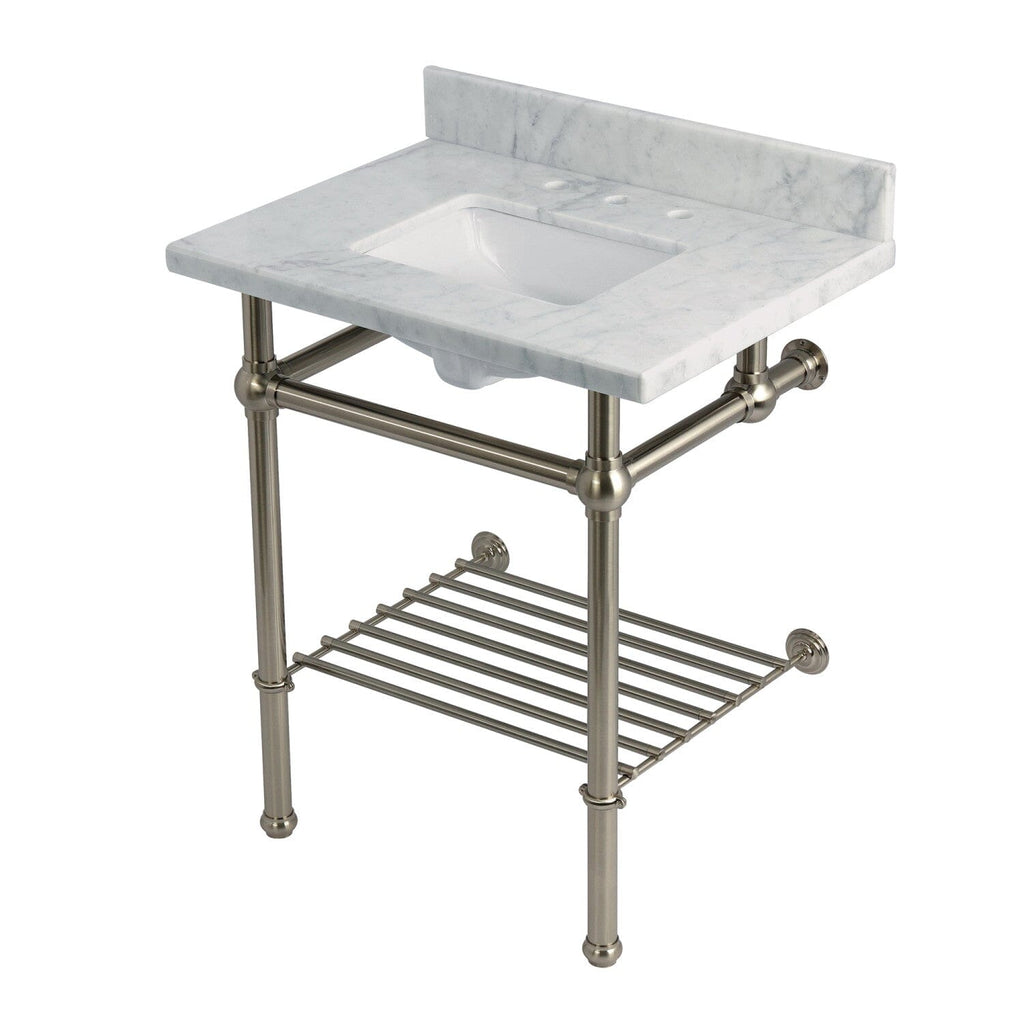 Templeton 30-Inch Carrara Marble Console Sink with Brass Legs and Shelf (8-Inch, 3-Hole)