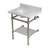 Templeton 30-Inch Carrara Marble Console Sink with Brass Legs and Shelf (8-Inch, 3-Hole)