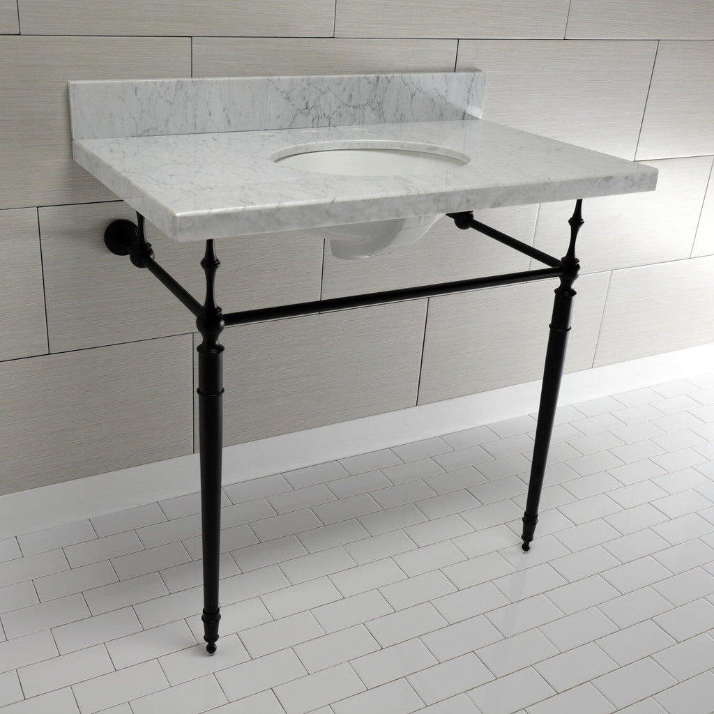 Edwardian 36-Inch Carrara Marble Console Sink with Brass Legs (8-Inch, 3-Hole)