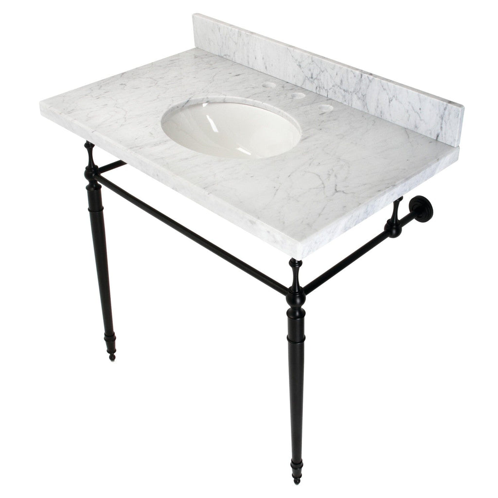Edwardian 36-Inch Carrara Marble Console Sink with Brass Legs (8-Inch, 3-Hole)