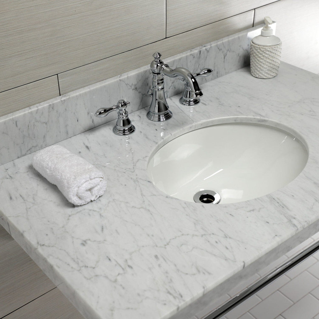 Edwardian 36-Inch Carrara Marble Console Sink with Brass Legs (8-Inch, 3-Hole)