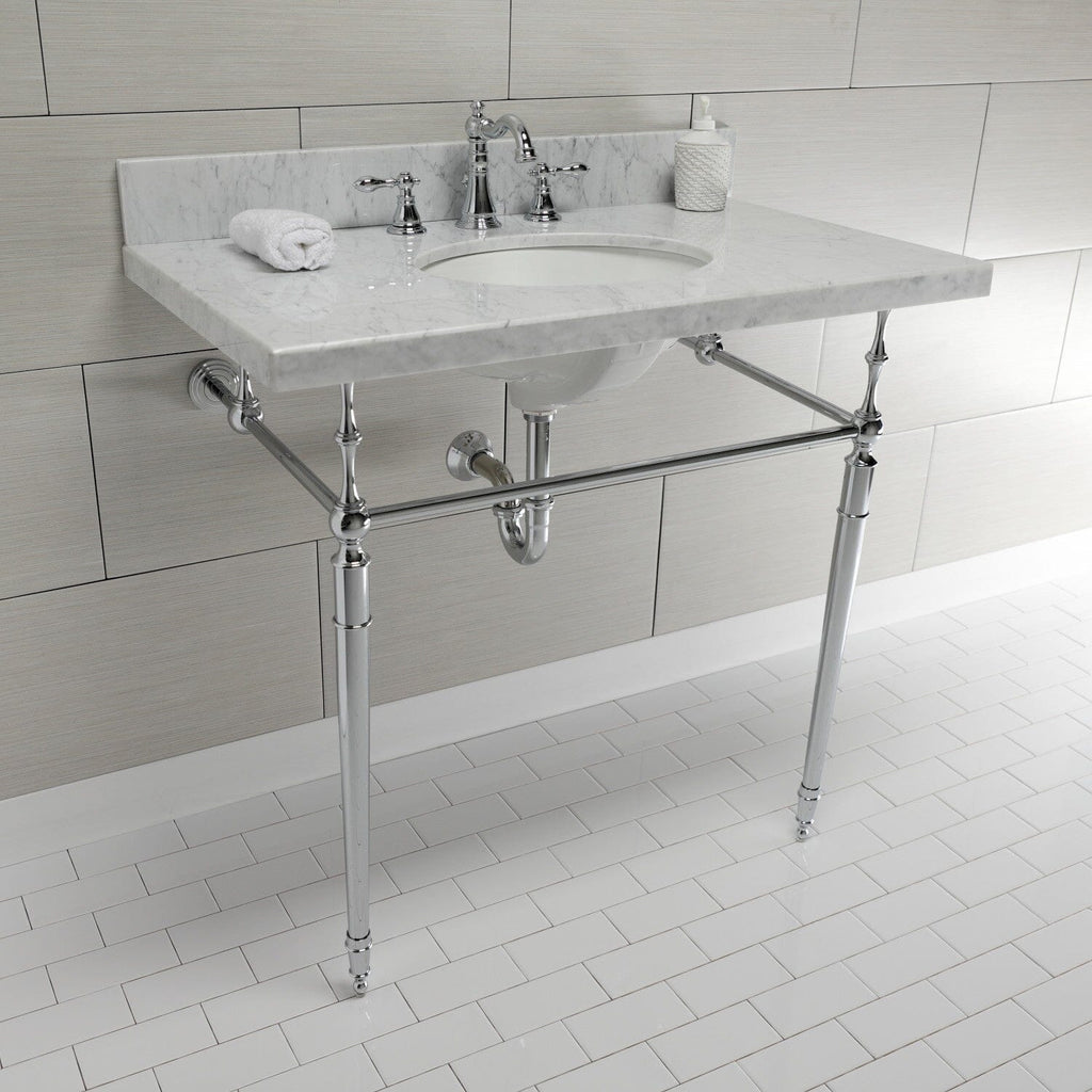 Edwardian 36-Inch Carrara Marble Console Sink with Brass Legs (8-Inch, 3-Hole)
