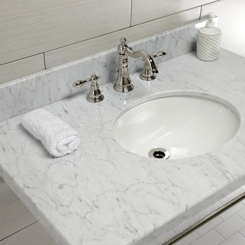 Edwardian 36-Inch Carrara Marble Console Sink with Brass Legs (8-Inch, 3-Hole)
