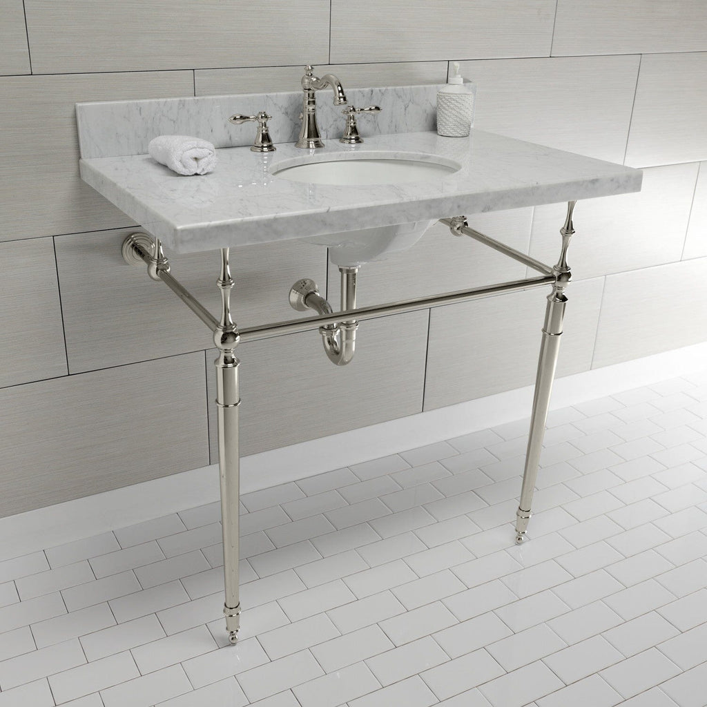 Edwardian 36-Inch Carrara Marble Console Sink with Brass Legs (8-Inch, 3-Hole)