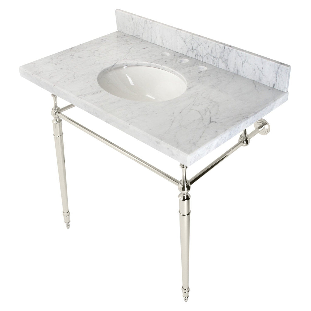 Edwardian 36-Inch Carrara Marble Console Sink with Brass Legs (8-Inch, 3-Hole)