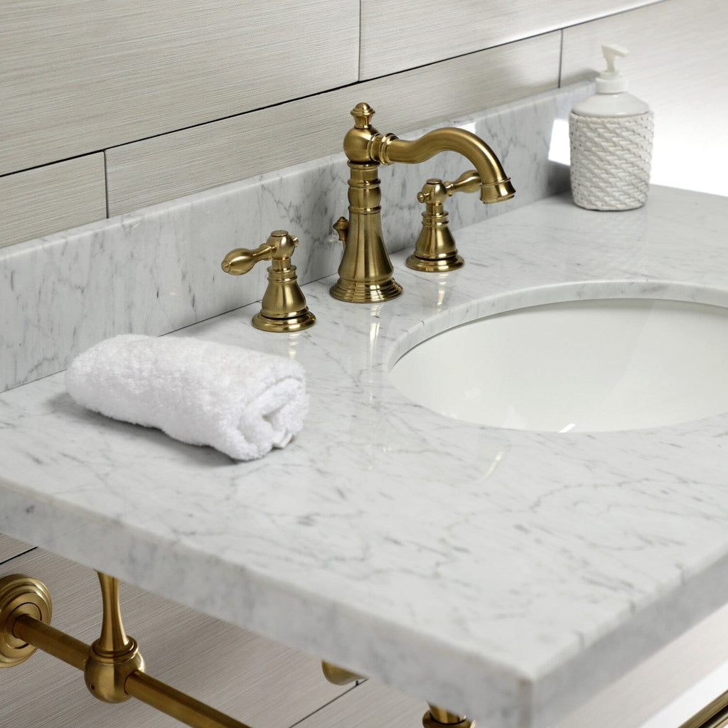 Edwardian 36-Inch Carrara Marble Console Sink with Brass Legs (8-Inch, 3-Hole)