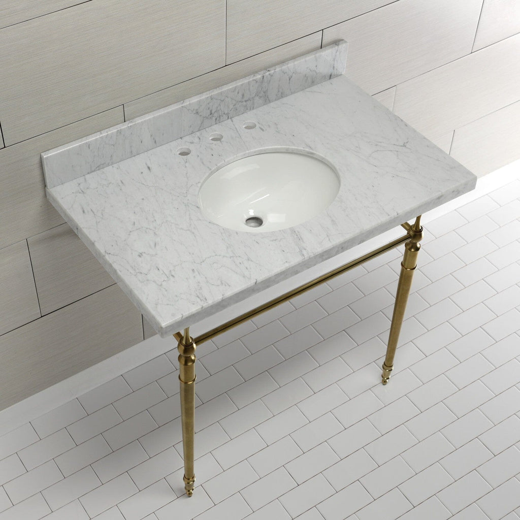 Edwardian 36-Inch Carrara Marble Console Sink with Brass Legs (8-Inch, 3-Hole)