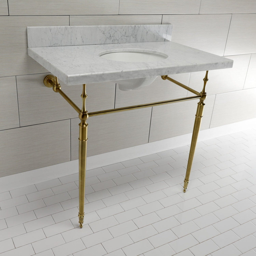 Edwardian 36-Inch Carrara Marble Console Sink with Brass Legs (8-Inch, 3-Hole)