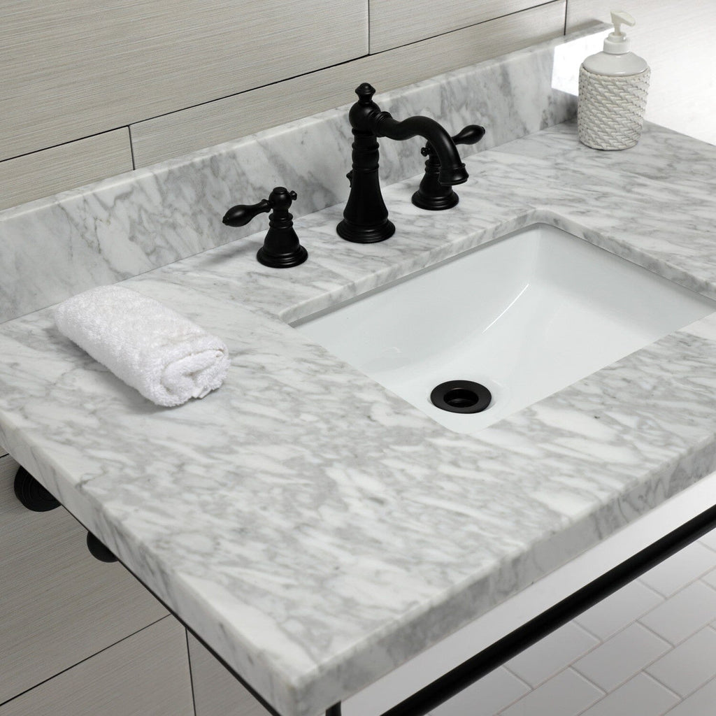 Edwardian 36-Inch Carrara Marble Console Sink with Brass Legs (8-Inch, 3-Hole)