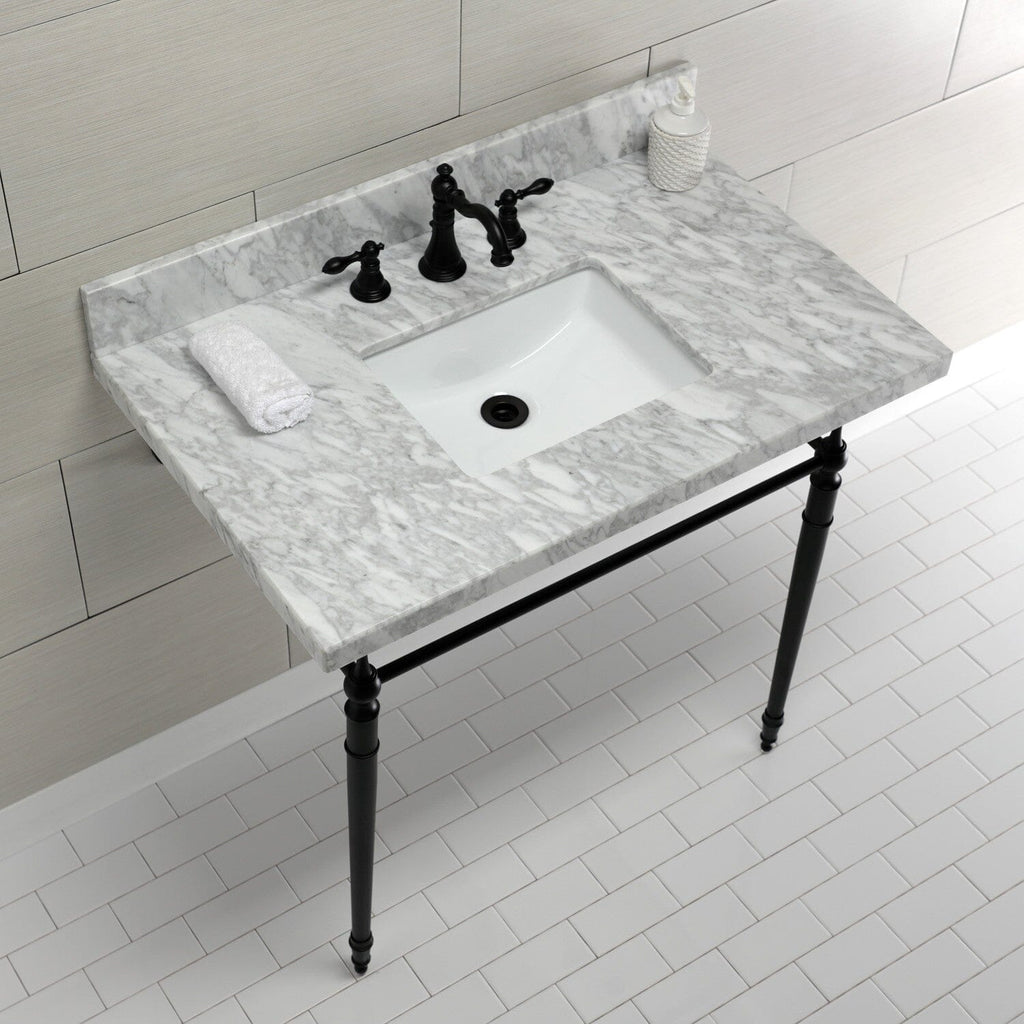 Edwardian 36-Inch Carrara Marble Console Sink with Brass Legs (8-Inch, 3-Hole)