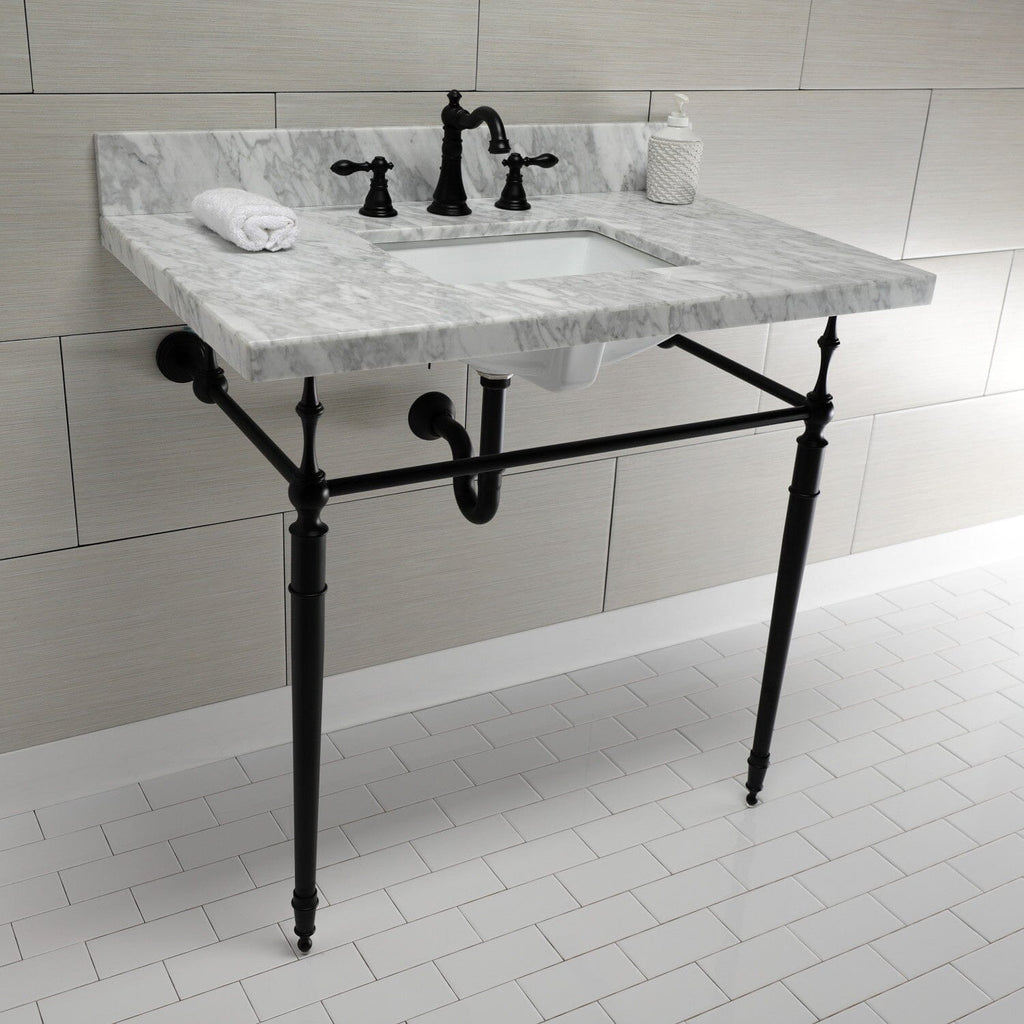 Edwardian 36-Inch Carrara Marble Console Sink with Brass Legs (8-Inch, 3-Hole)