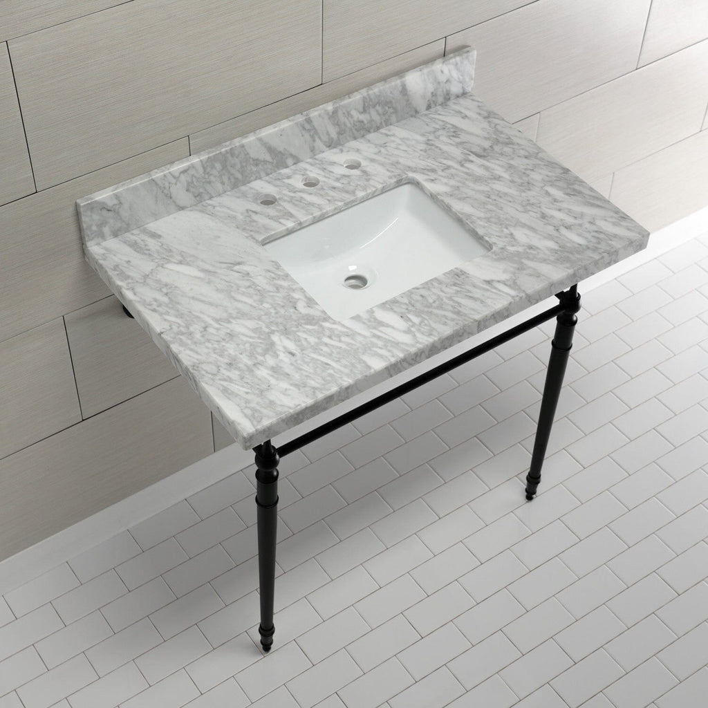 Edwardian 36-Inch Carrara Marble Console Sink with Brass Legs (8-Inch, 3-Hole)