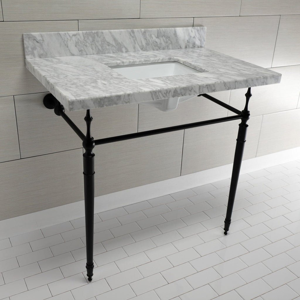 Edwardian 36-Inch Carrara Marble Console Sink with Brass Legs (8-Inch, 3-Hole)
