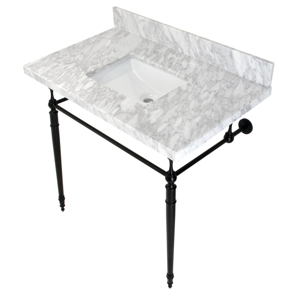 Edwardian 36-Inch Carrara Marble Console Sink with Brass Legs (8-Inch, 3-Hole)