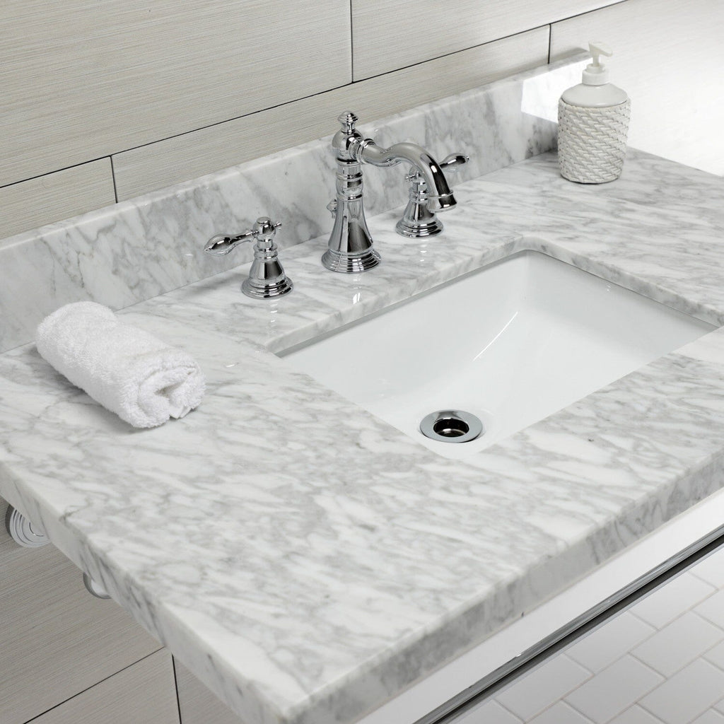 Edwardian 36-Inch Carrara Marble Console Sink with Brass Legs (8-Inch, 3-Hole)