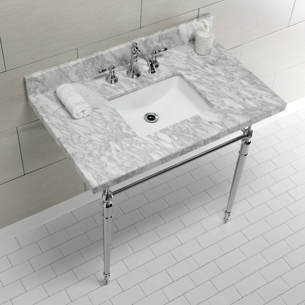 Edwardian 36-Inch Carrara Marble Console Sink with Brass Legs (8-Inch, 3-Hole)