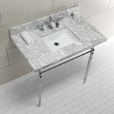 Edwardian 36-Inch Carrara Marble Console Sink with Brass Legs (8-Inch, 3-Hole)