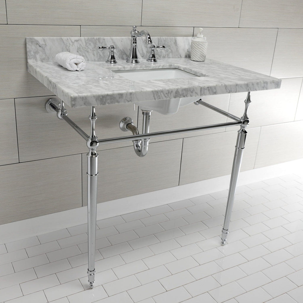 Edwardian 36-Inch Carrara Marble Console Sink with Brass Legs (8-Inch, 3-Hole)