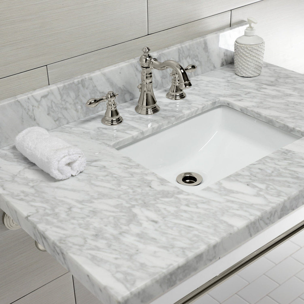 Edwardian 36-Inch Carrara Marble Console Sink with Brass Legs (8-Inch, 3-Hole)