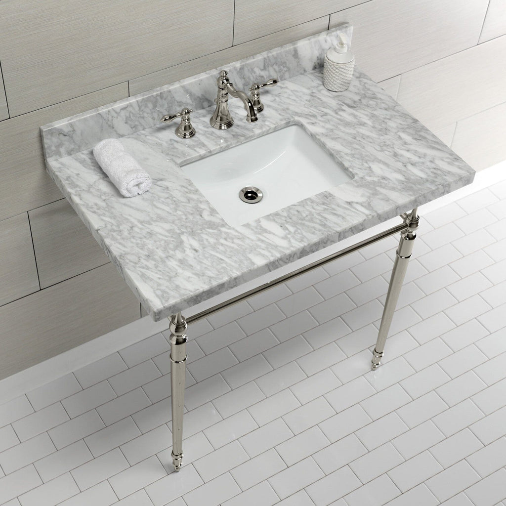 Edwardian 36-Inch Carrara Marble Console Sink with Brass Legs (8-Inch, 3-Hole)