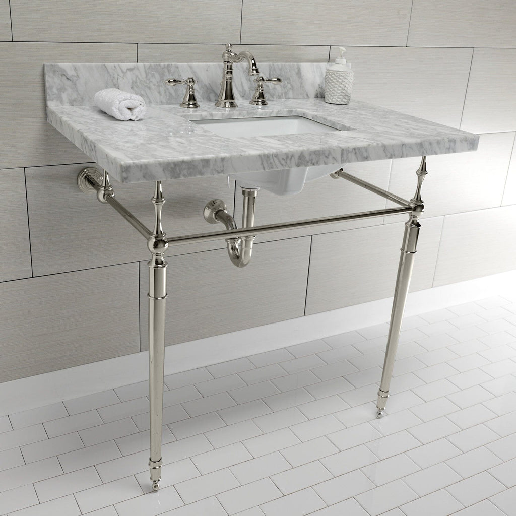 Edwardian 36-Inch Carrara Marble Console Sink with Brass Legs (8-Inch, 3-Hole)