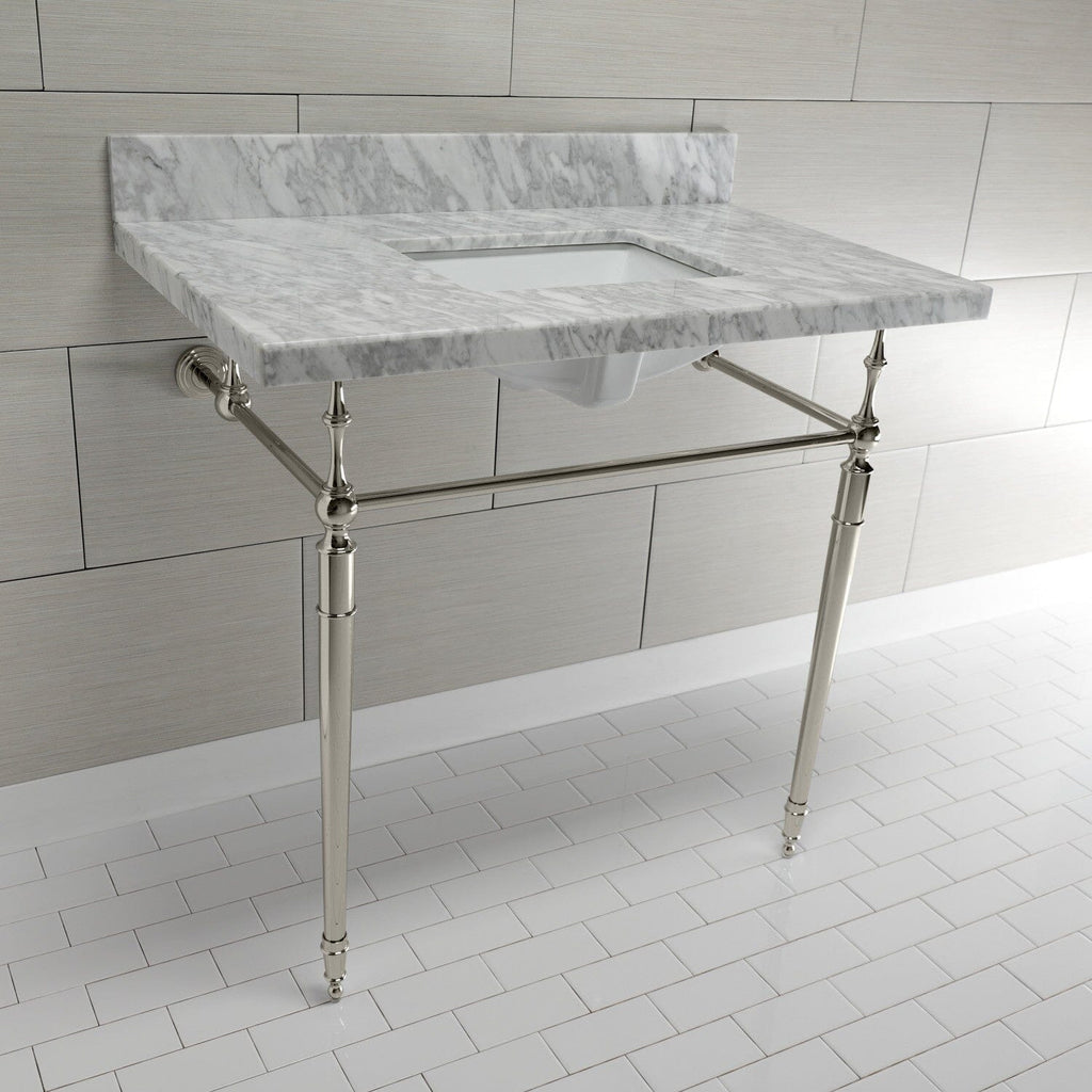Edwardian 36-Inch Carrara Marble Console Sink with Brass Legs (8-Inch, 3-Hole)
