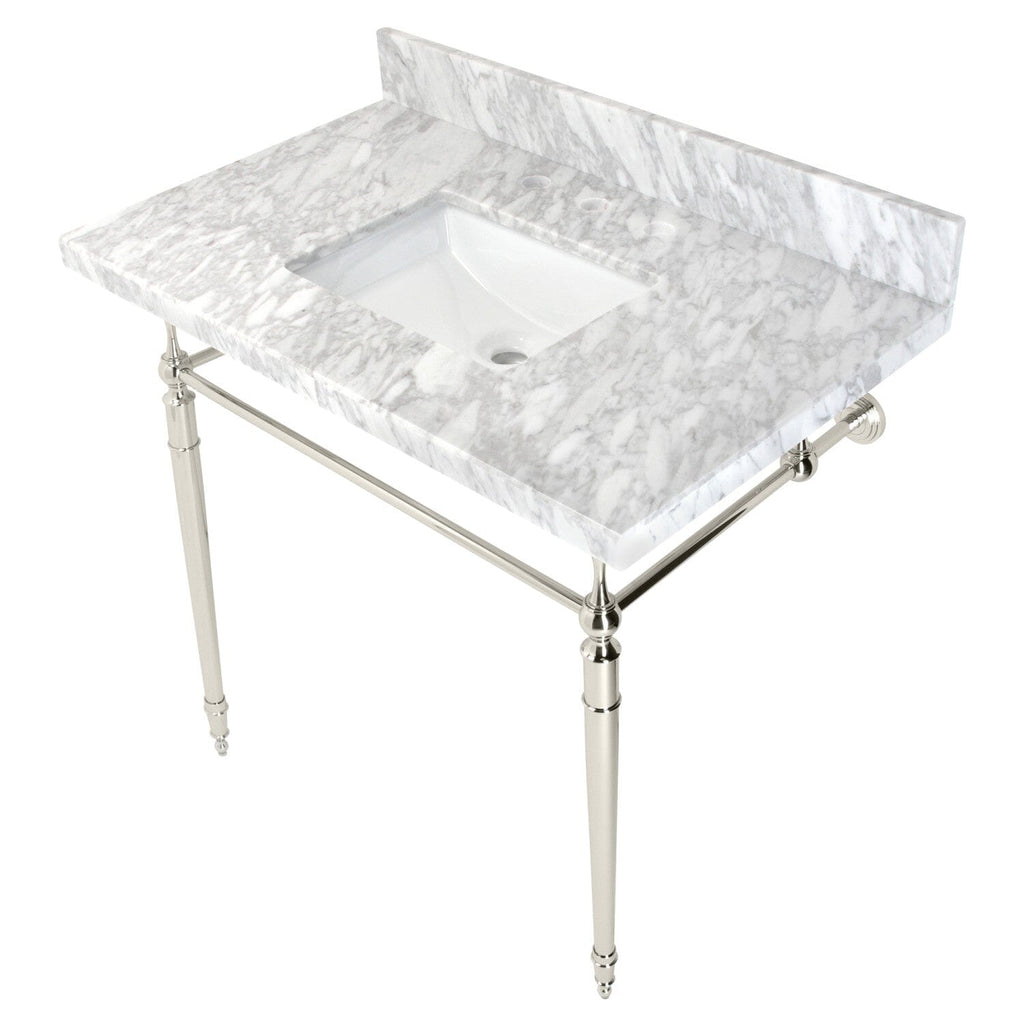Edwardian 36-Inch Carrara Marble Console Sink with Brass Legs (8-Inch, 3-Hole)