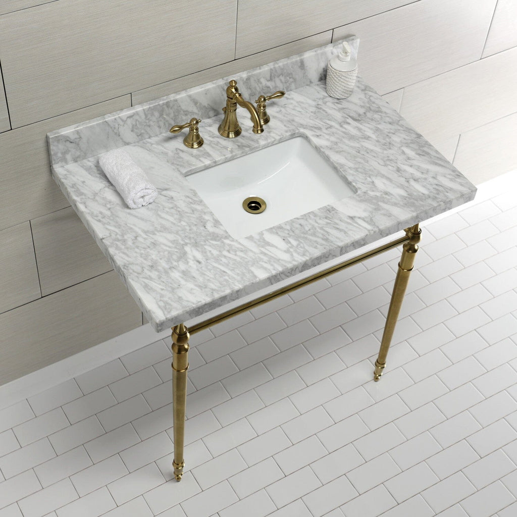 Edwardian 36-Inch Carrara Marble Console Sink with Brass Legs (8-Inch, 3-Hole)