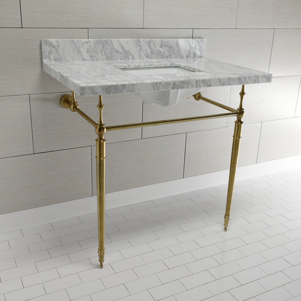 Edwardian 36-Inch Carrara Marble Console Sink with Brass Legs (8-Inch, 3-Hole)