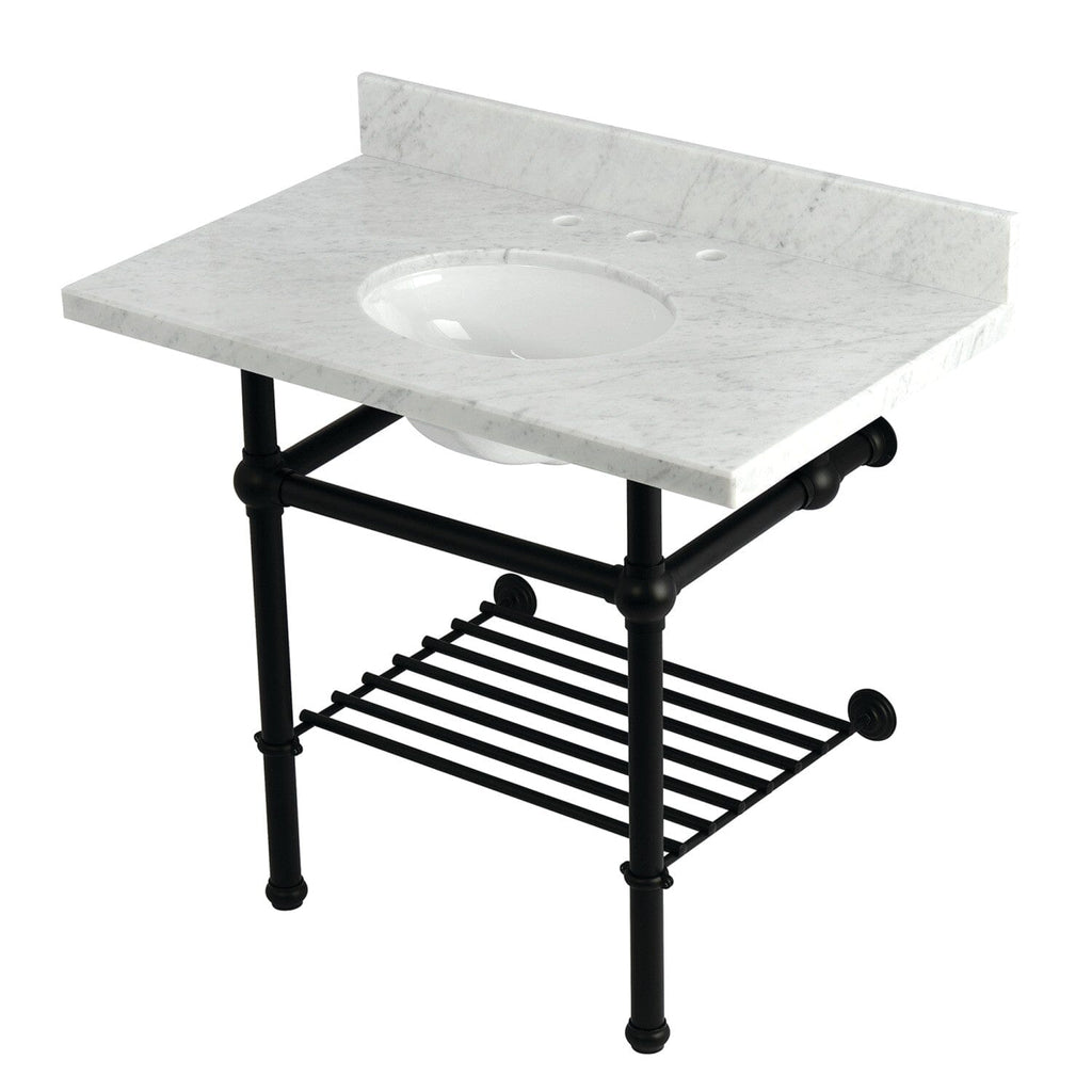 Templeton 36-Inch Carrara Marble Console Sink with Brass Legs and Shelf (8-Inch, 3-Hole)