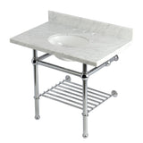Templeton 36-Inch Carrara Marble Console Sink with Brass Legs and Shelf (8-Inch, 3-Hole)