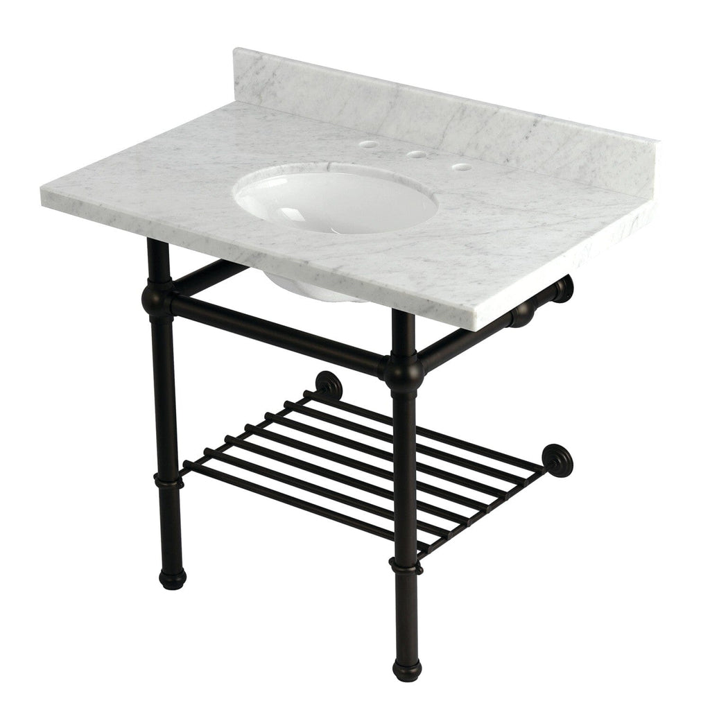 Templeton 36-Inch Carrara Marble Console Sink with Brass Legs and Shelf (8-Inch, 3-Hole)