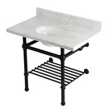 Templeton 36-Inch Carrara Marble Console Sink with Brass Legs and Shelf (8-Inch, 3-Hole)