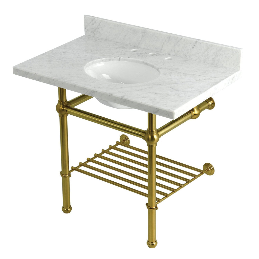 Templeton 36-Inch Carrara Marble Console Sink with Brass Legs and Shelf (8-Inch, 3-Hole)
