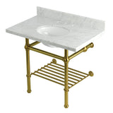 Templeton 36-Inch Carrara Marble Console Sink with Brass Legs and Shelf (8-Inch, 3-Hole)