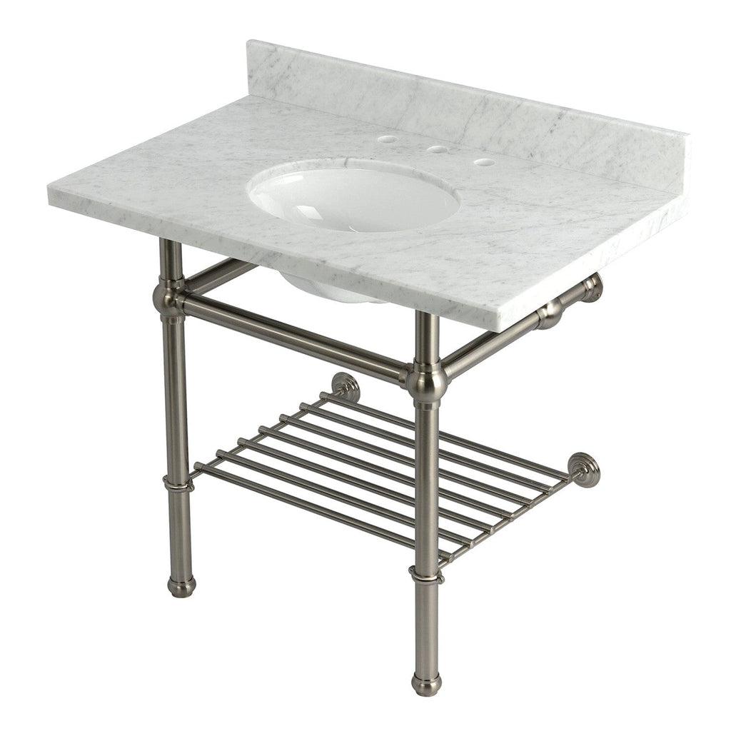 Templeton 36-Inch Carrara Marble Console Sink with Brass Legs and Shelf (8-Inch, 3-Hole)