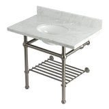 Templeton 36-Inch Carrara Marble Console Sink with Brass Legs and Shelf (8-Inch, 3-Hole)