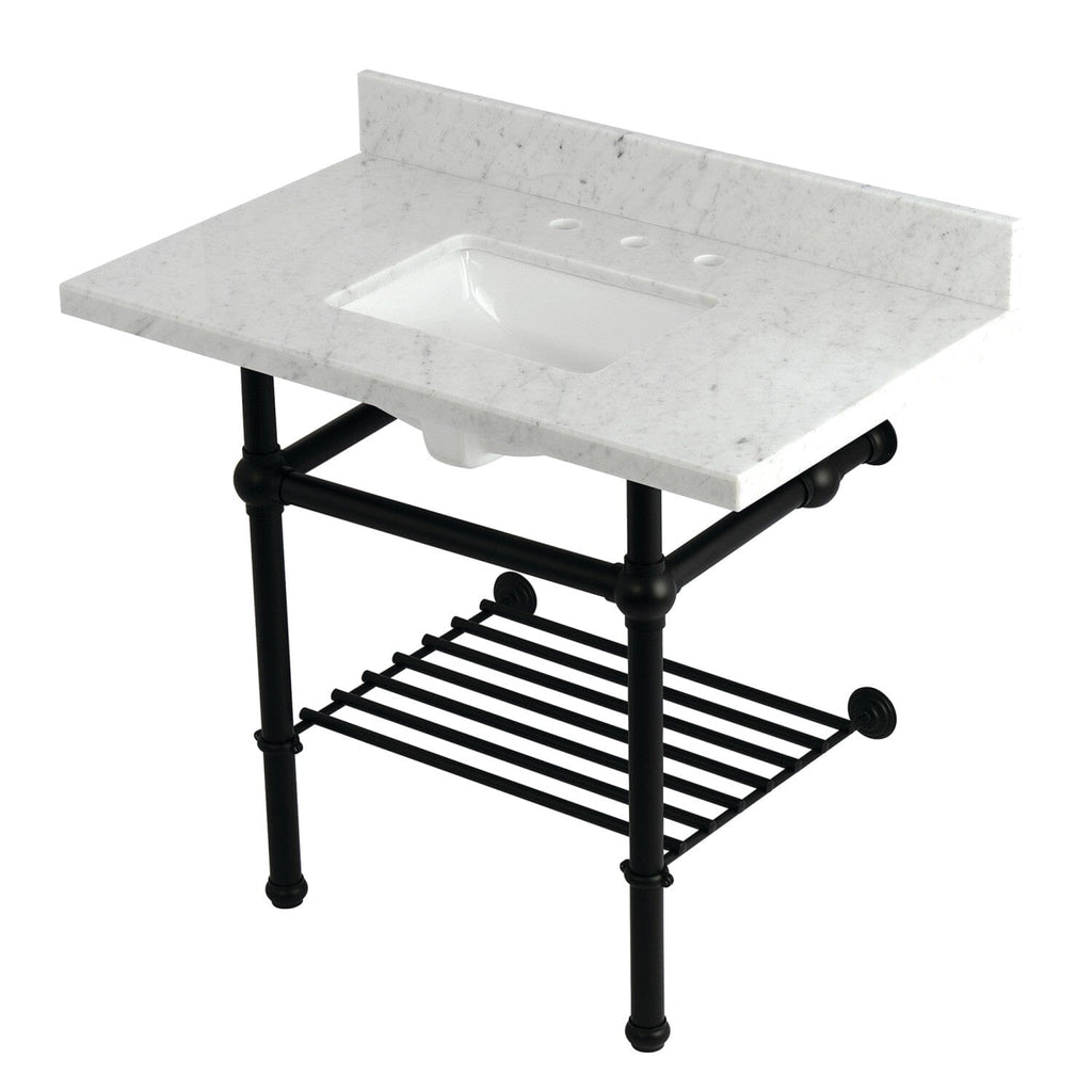 Templeton 36-Inch Carrara Marble Console Sink with Brass Legs and Shelf (8-Inch, 3-Hole)
