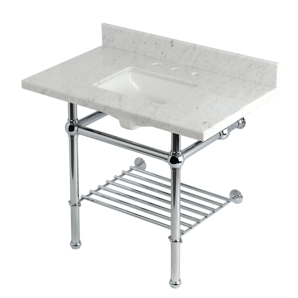 Templeton 36-Inch Carrara Marble Console Sink with Brass Legs and Shelf (8-Inch, 3-Hole)