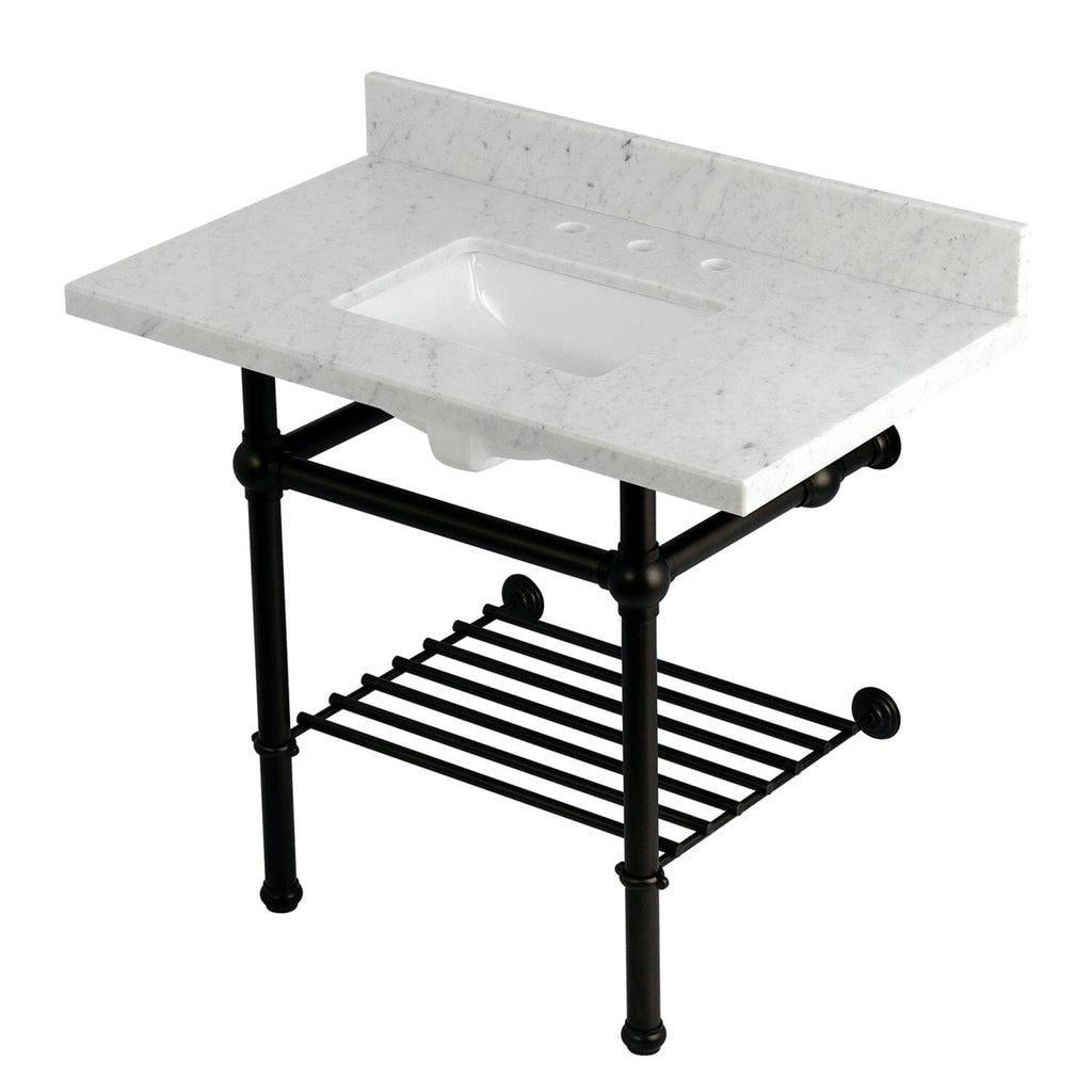 Templeton 36-Inch Carrara Marble Console Sink with Brass Legs and Shelf (8-Inch, 3-Hole)