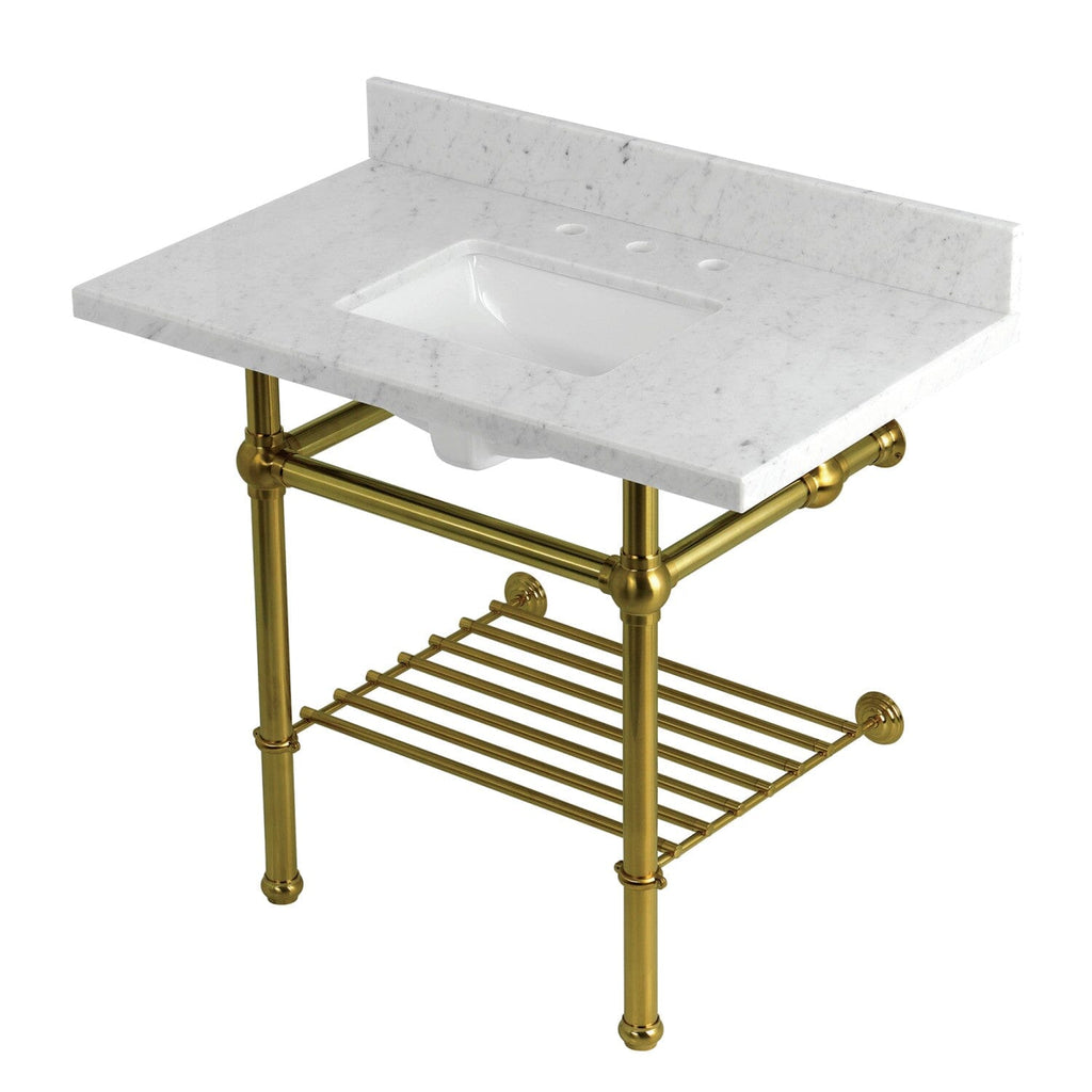 Templeton 36-Inch Carrara Marble Console Sink with Brass Legs and Shelf (8-Inch, 3-Hole)
