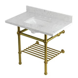 Templeton 36-Inch Carrara Marble Console Sink with Brass Legs and Shelf (8-Inch, 3-Hole)